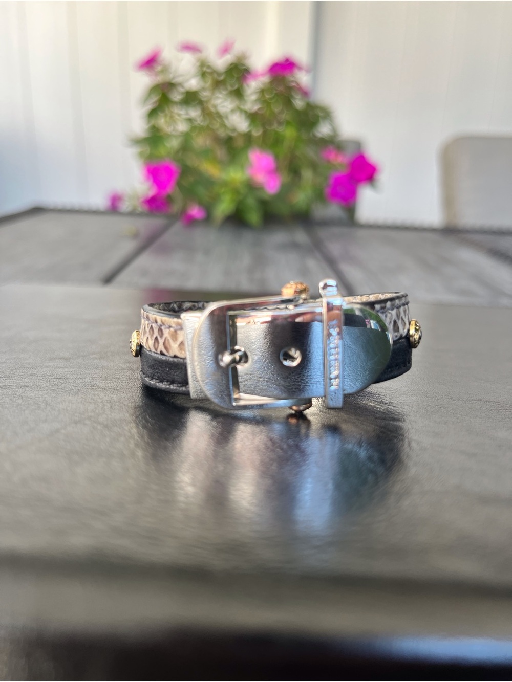 henri bendel Black Leather Bracelet with Snake-Print Accent, Silver Buckle Latch